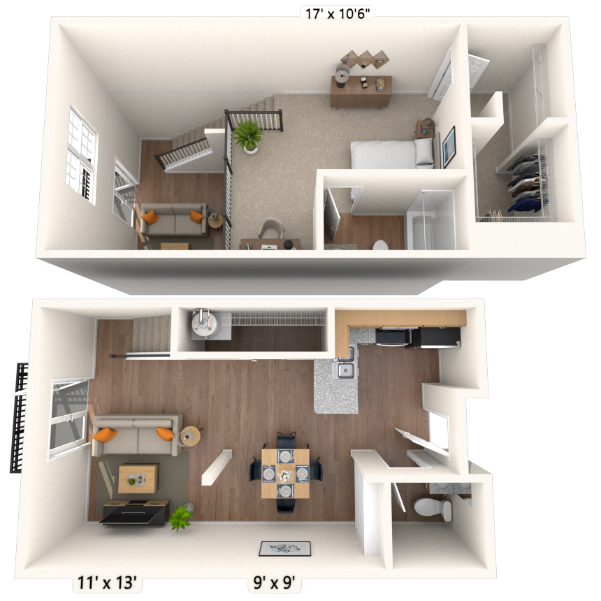Floor plan for 1 bed, 1.5 baths, 887 sqft